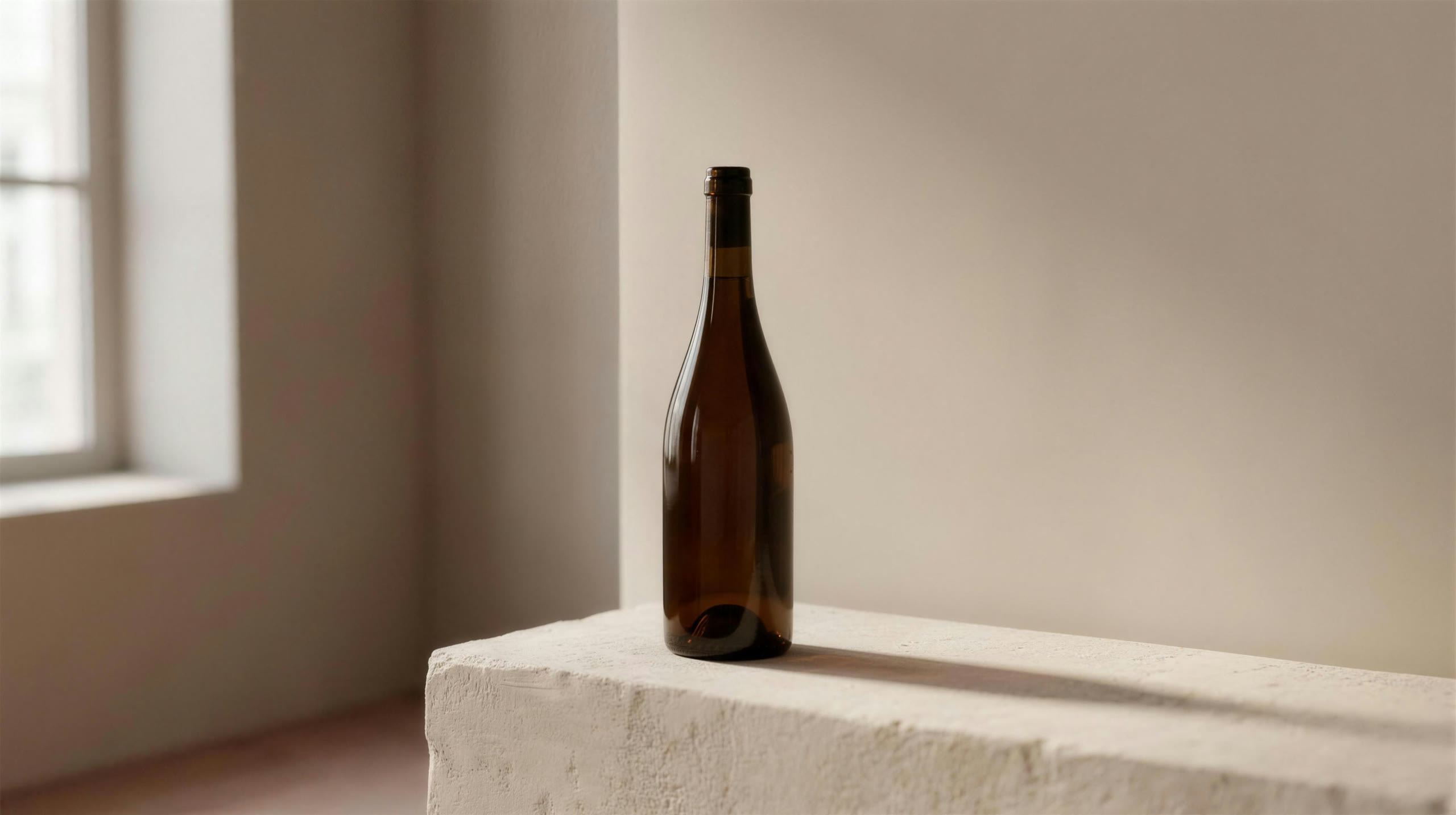 A single dark bottle on a plaster plinth