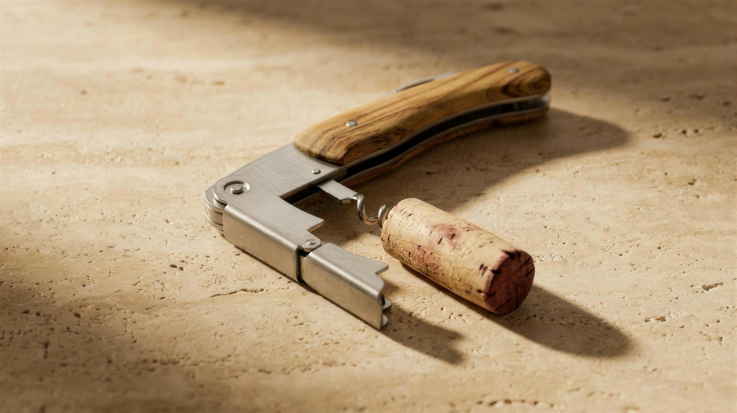 Waiter's corkscrew and cork on travertine