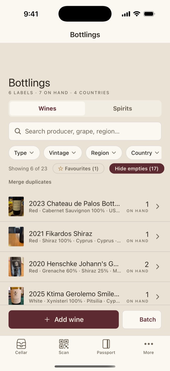 The CellarPals bottlings list showing six wines, each with producer, vintage, grape, region and how many bottles are on hand