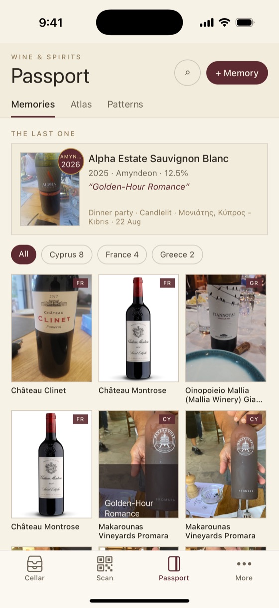 A passport of tasting memories, each a photograph of a bottle taken at a table, tagged by country across Cyprus, France and Greece