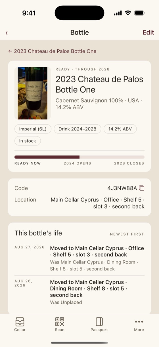 A single bottle's record showing its code and its location given as room, shelf, slot and depth, above a history of every time it moved
