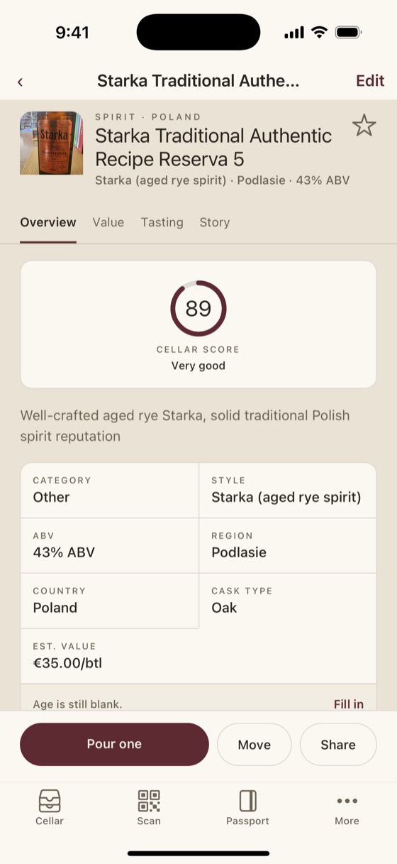 A spirit's record showing category, style, ABV, region, country and cask type, with no vintage or drinking window anywhere on it