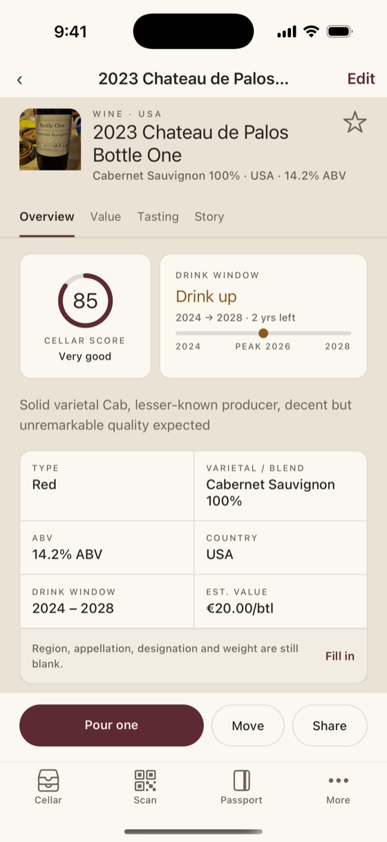 A bottle's drink window card reading 2024 to 2028 with two years left, a peak marked at 2026, and a slider showing where the wine is now