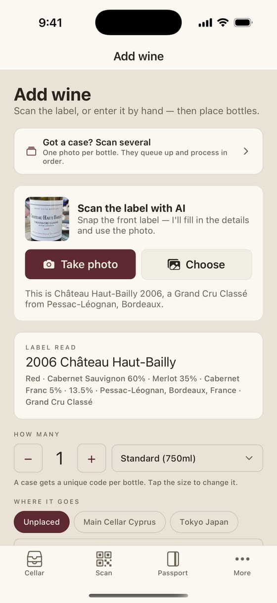 The CellarPals Add wine screen after reading a Château Haut-Bailly label: vintage, blend percentages, ABV and appellation filled in