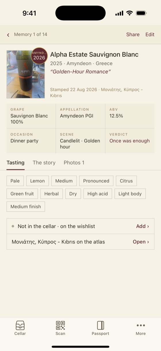 A CellarPals passport memory for a 2025 Alpha Estate Sauvignon Blanc, showing grape, appellation and ABV alongside the occasion, the scene and a verdict