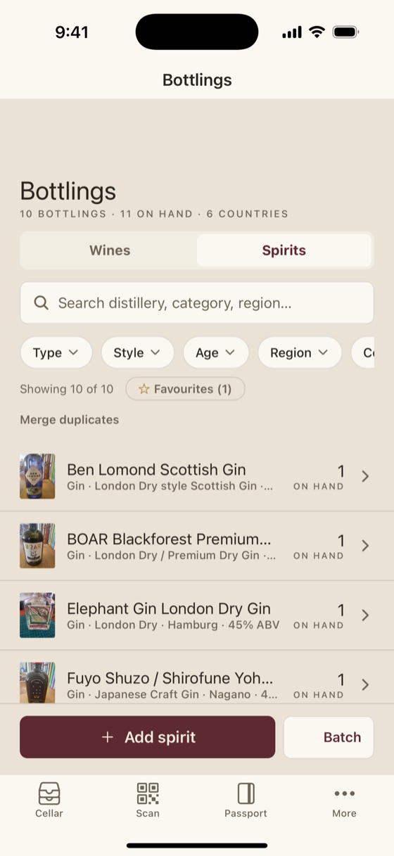The CellarPals spirits list showing gin and whiskey bottles with distillery, category and region